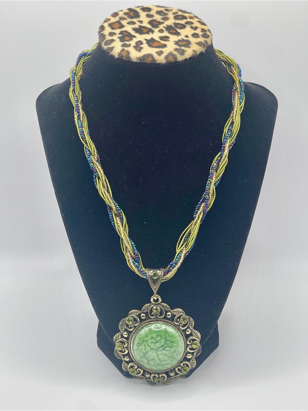 Boho Retro Vintage Green Pendant Statement Braided Necklace